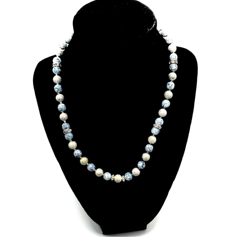 HANDMADE CERAMIC BEADED NECKLACE, BLUE & WHITE/ 18” - Frijja, LLC