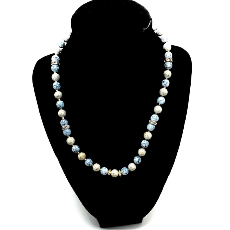 Handmade Ceramic Beads & Silver Tone Necklace - Blue/Silver - Frijja, LLC