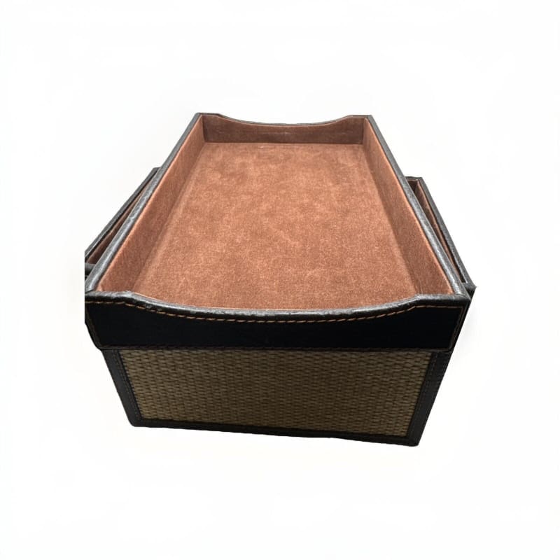 LC Woven Grass Box Trimmed with Lid Genuine Brown Leather and Lined in Suede - Frijja, LLC