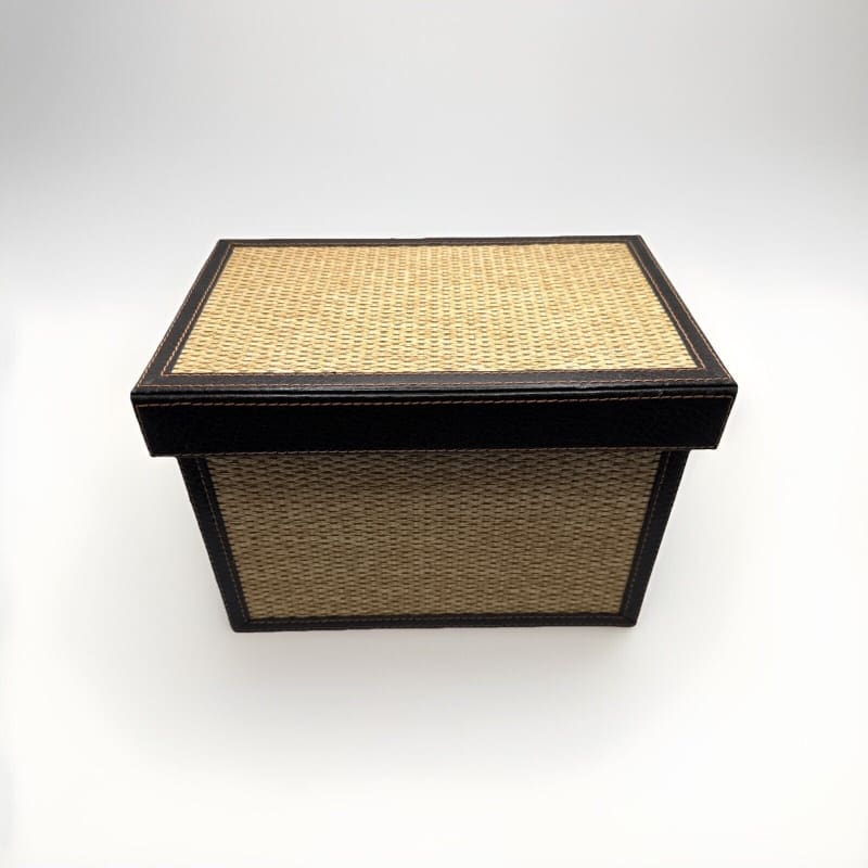 LC Woven Grass Box Trimmed with Lid Genuine Brown Leather and Lined in Suede - Frijja, LLC