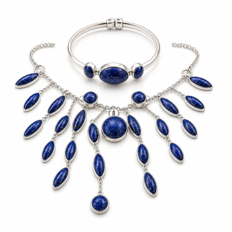 Jewelry Sets - frijja.com - Moon Radiance Set.950 Sterling Silver Sodalite Stones (Necklace Earrings Bracelet and Ring