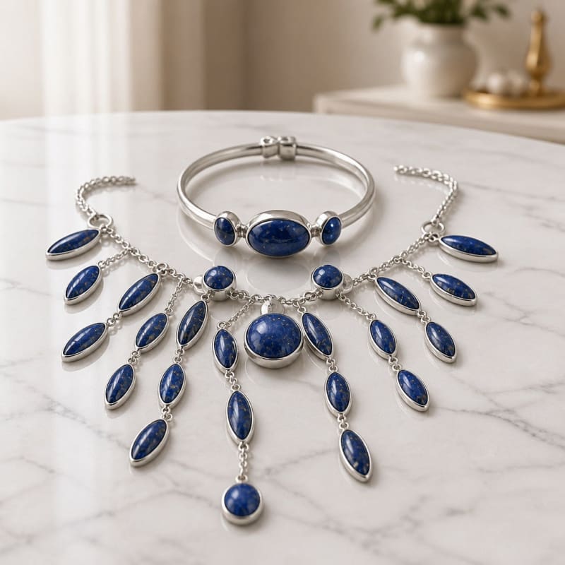 Jewelry Sets - frijja.com - Moon Radiance Set.950 Sterling Silver Sodalite Stones (Necklace Earrings Bracelet and Ring