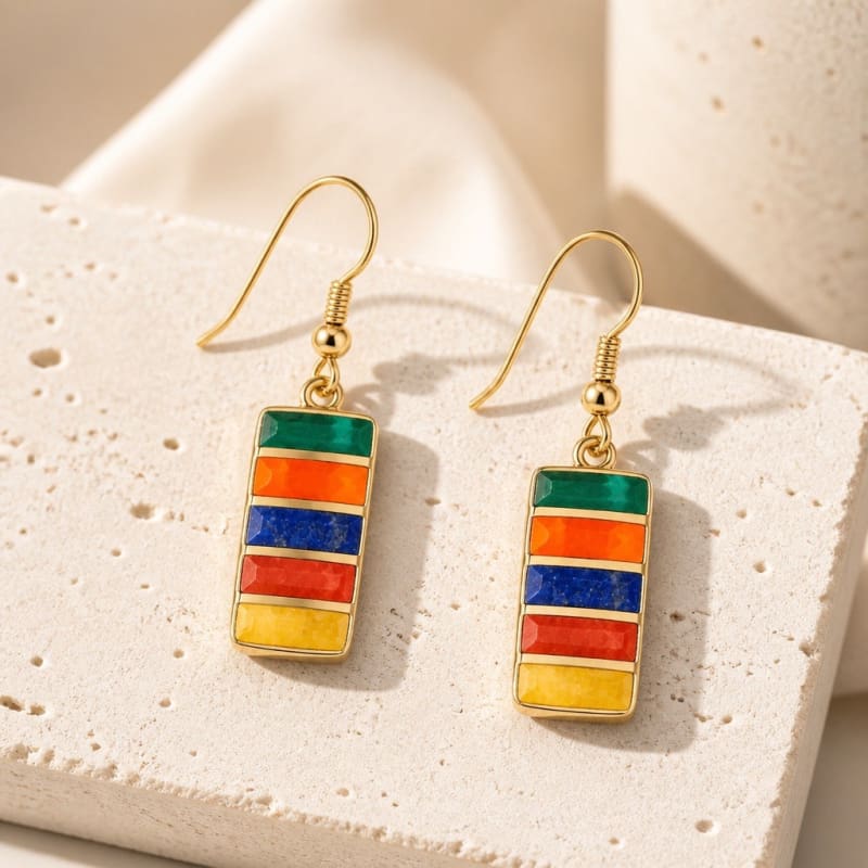 Earrings - frijja.com - Rainbow Gems Earrings - 950 Sterling Silver Chrysocolla Spondylus Lapis Lazuli Mother of Pearl