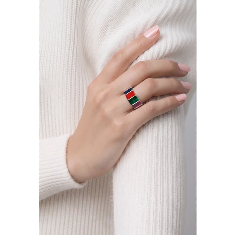 Rings - frijja.com - Rainbow Gems Ring - 950 Sterling Silver Chrysocolla Spondylus Lapis Lazuli Mother of Pearl