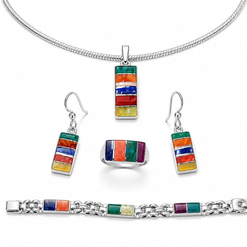 Jewelry Sets - frijja.com - Rainbow Gems Set - 950 Sterling Silver Chrysocolla Spondylus Lapis Lazuli Mother of Pearl