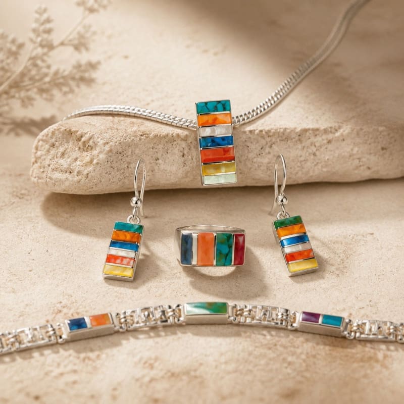 Jewelry Sets - frijja.com - Rainbow Gems Set - 950 Sterling Silver Chrysocolla Spondylus Lapis Lazuli Mother of Pearl