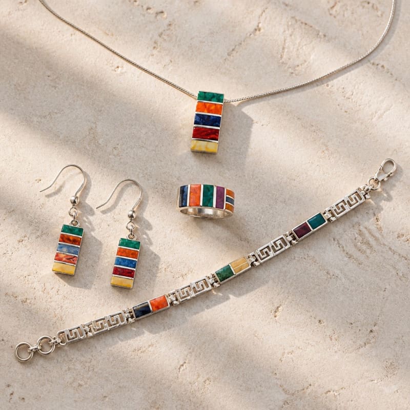 Jewelry Sets - frijja.com - Rainbow Gems Set - 950 Sterling Silver Chrysocolla Spondylus Lapis Lazuli Mother of Pearl