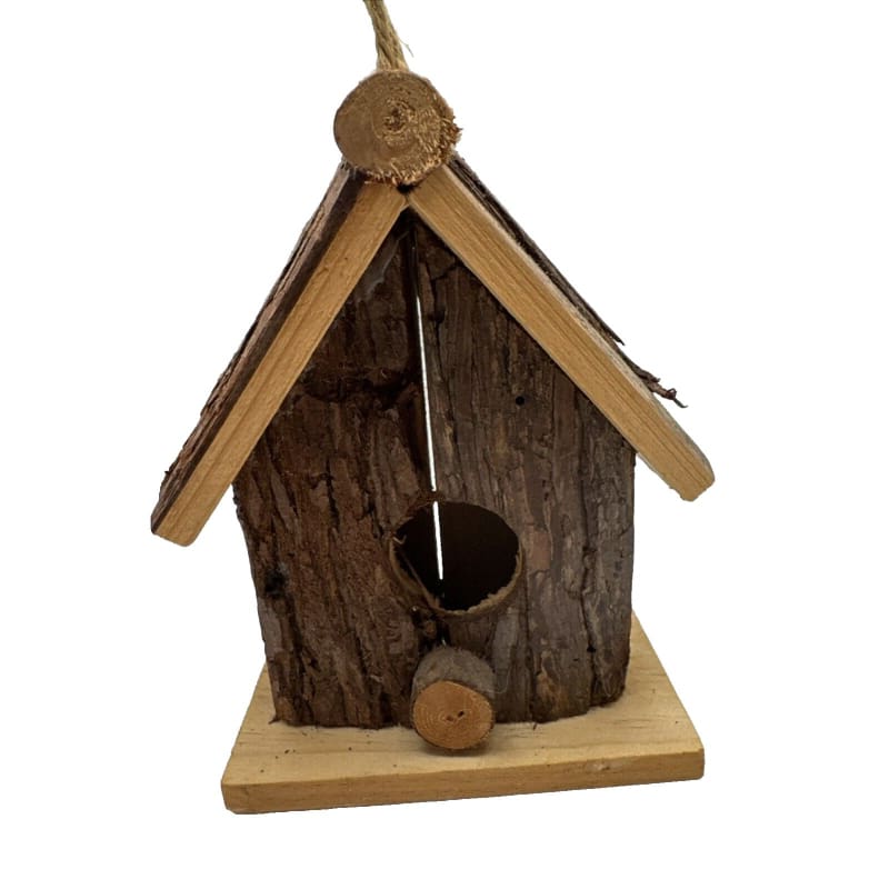 Rustic Farmhouse Cabin Wooden Bird House - Wood Bark Hanging Perch - Frijja, LLC
