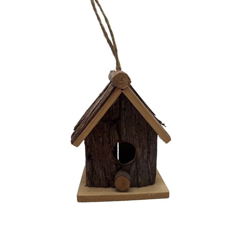 Rustic Farmhouse Cabin Wooden Bird House - Wood Bark Hanging Perch - Frijja, LLC