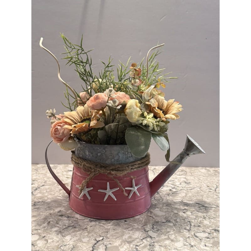 Spring Floral Arrangement in Metal Watering Can - Farmhouse Beach Rustic Decor - Frijja, LLC