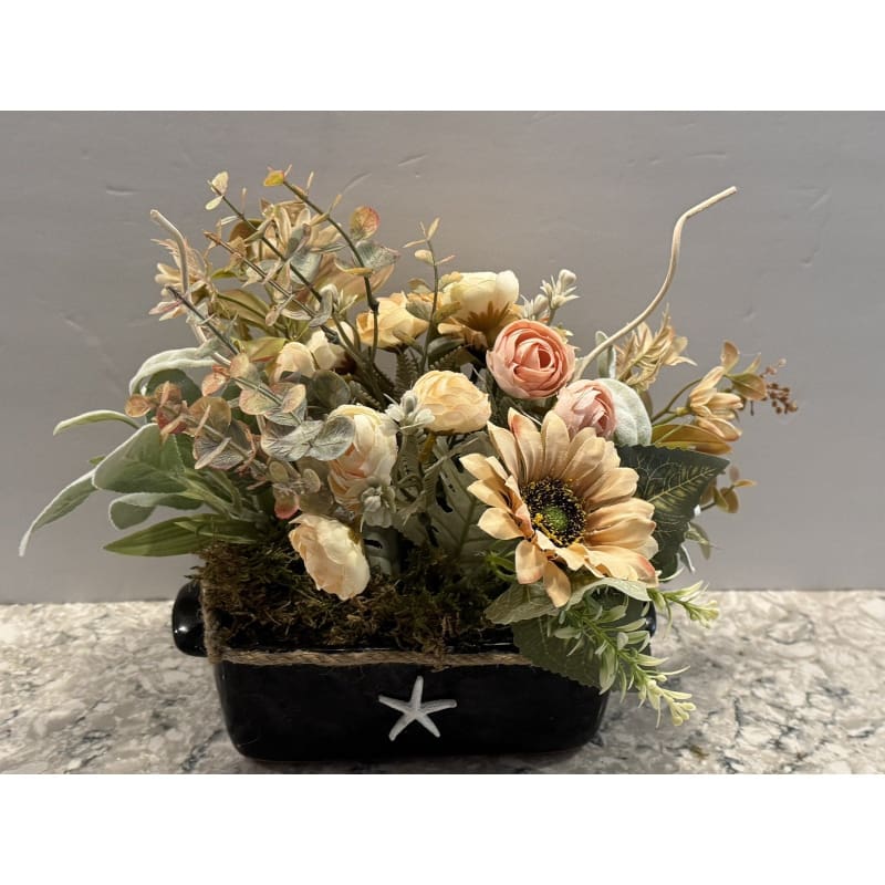 Spring Silk Floral Arrangement Black Ceramic Vase Nautical Decor - Frijja, LLC