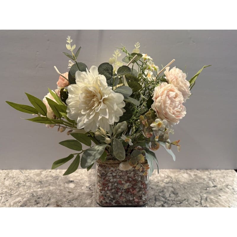 Spring Silk Floral Arrangement Clear Glass Vase Shell Chips Beach Decor - Frijja, LLC