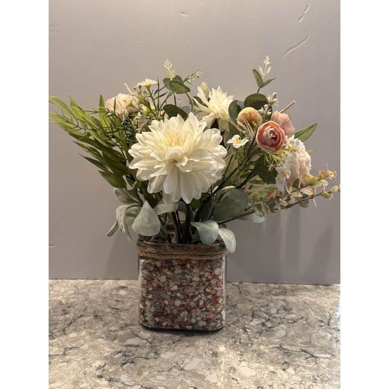 Spring Silk Floral Arrangement Clear Glass Vase Shell Chips Beach Decor - Frijja, LLC