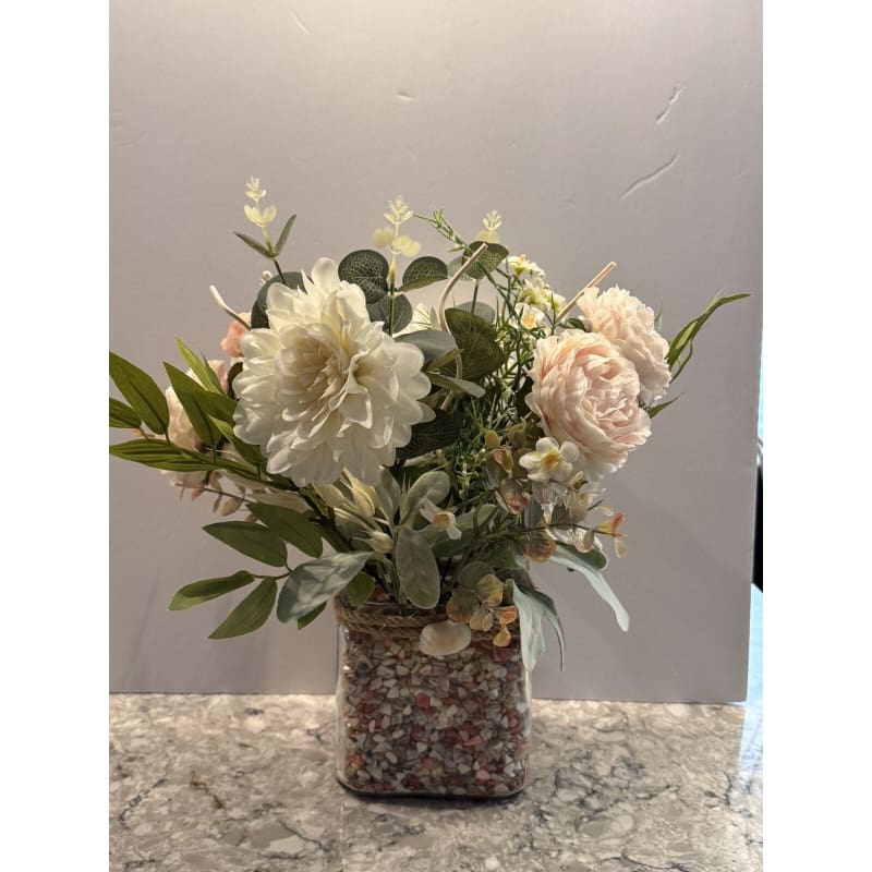 Spring Silk Floral Arrangement Clear Glass Vase Shell Chips Beach Decor - Frijja, LLC