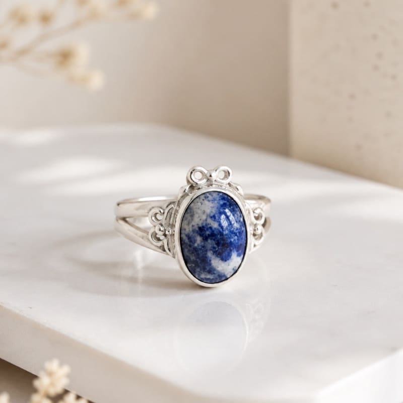 Jewelry Sets - frijja.com - Victorian Elegance Set - 950 Sterling Silver Sodalite Gemstone (Neckalce Earrings Bracelet RIng)