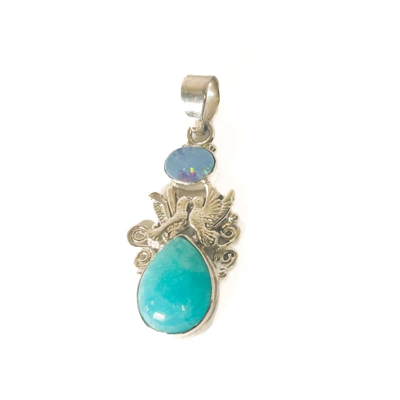 Vintage 925 Sterling Silver Australian Opal and Larimar Pendant - Frijja, LLC