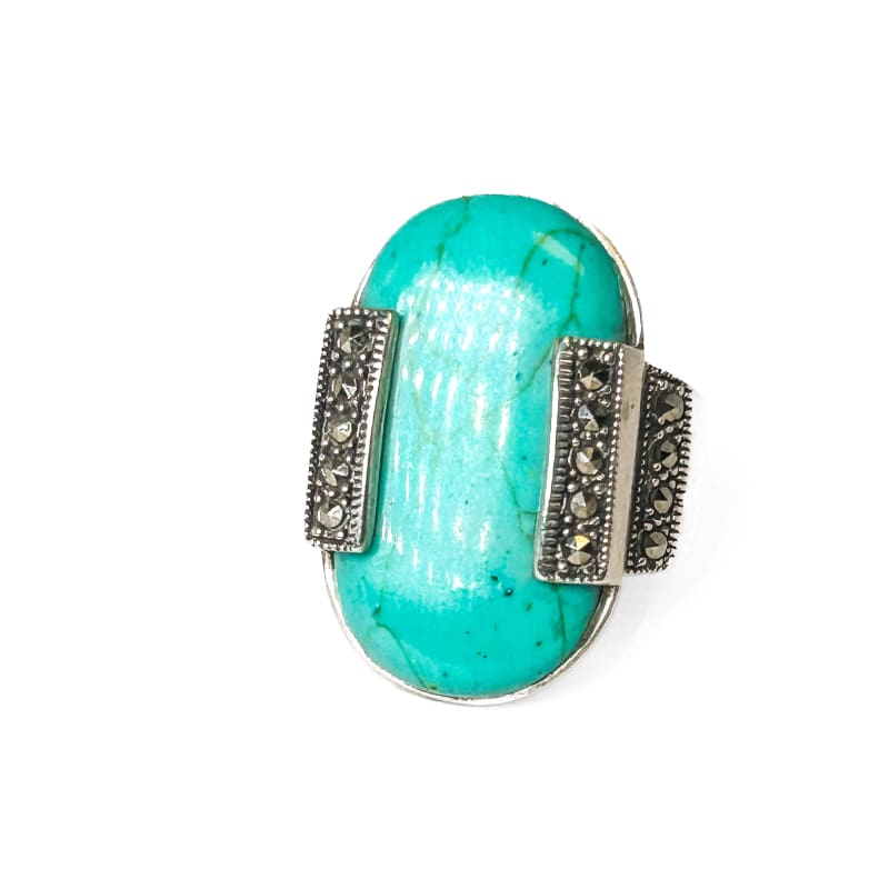 Vintage 925 Sterling Silver Large Oval Turquoise Ring  - Size 8 - Frijja, LLC