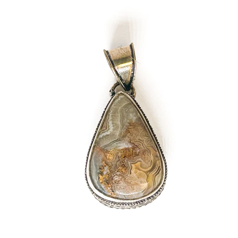 Vintage 925 Sterling Silver Large Teardrop Lace Agate Pendant - Frijja, LLC