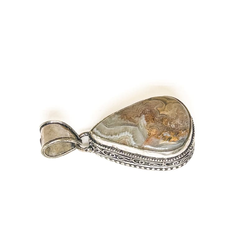 Vintage 925 Sterling Silver Large Teardrop Lace Agate Pendant - Frijja, LLC