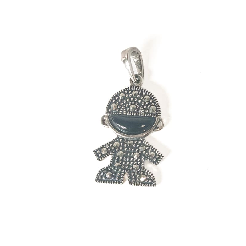Vintage 925 Sterling Silver Marcasite and Onyx Figure Pendant - Frijja, LLC