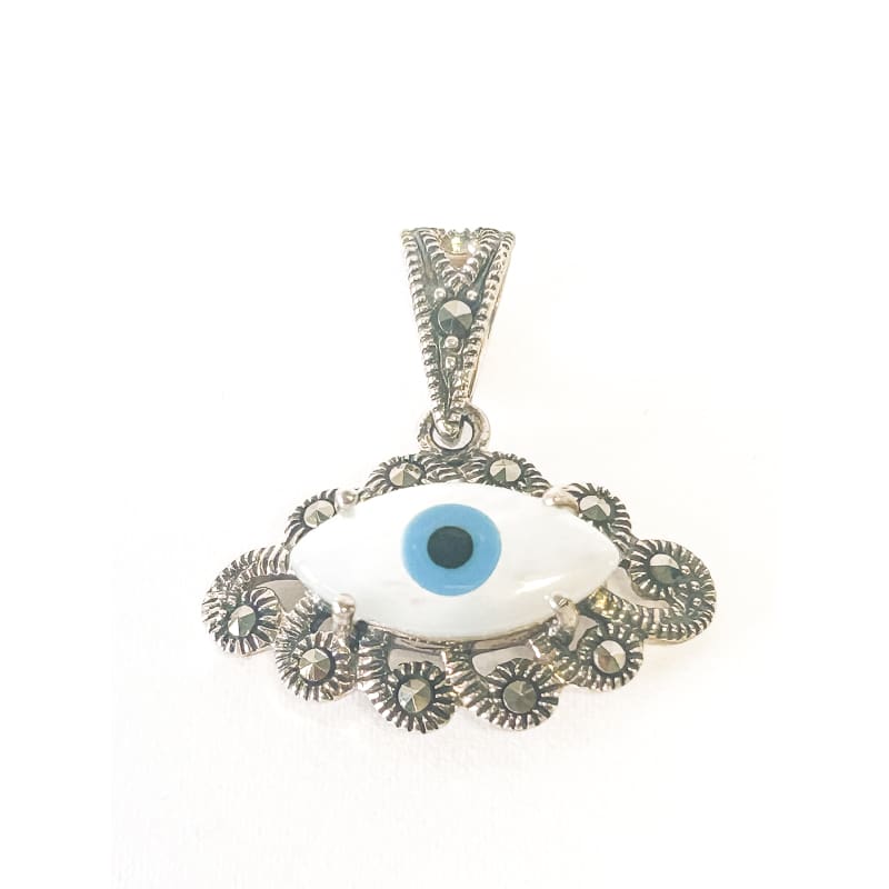 Vintage 925 Sterling Silver Marcasite Mother of Pearl Evil Eye Pendant - Frijja, LLC
