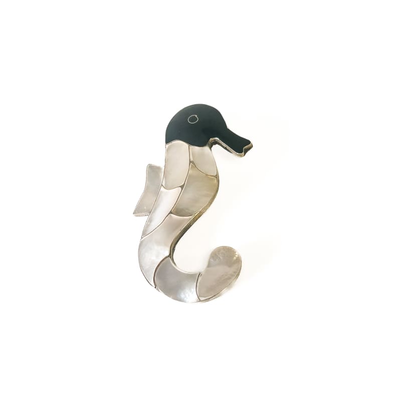 Vintage 925 Sterling Silver Mother of Pearl Onyx Seahorse Pendant - Frijja, LLC