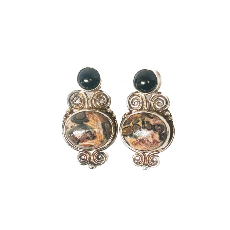 Vintage 925 Sterling Silver Picture Jasper and Onyx Earrings - Frijja, LLC