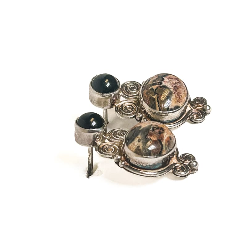 Vintage 925 Sterling Silver Picture Jasper and Onyx Earrings - Frijja, LLC