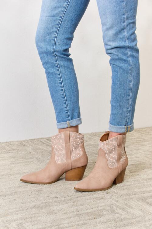 Rhinestone Ankle Cowgirl Boots -Beige