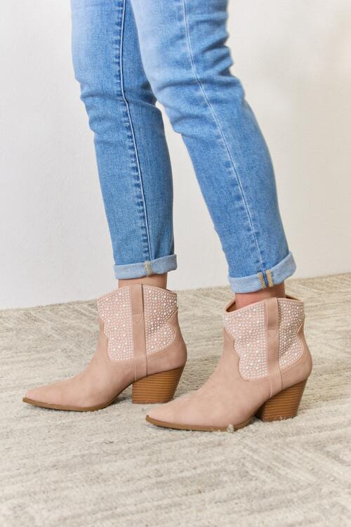 Rhinestone Ankle Cowgirl Boots -Beige